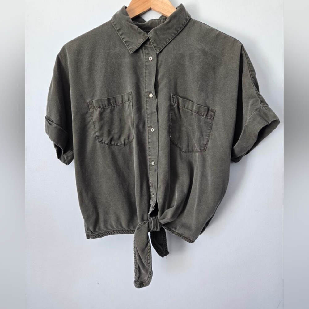DD77 Women's Oversized Olive Green Casual Front Tie Shirt